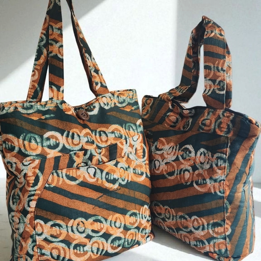 Chic Green and Brown Tote with Retro Pattern